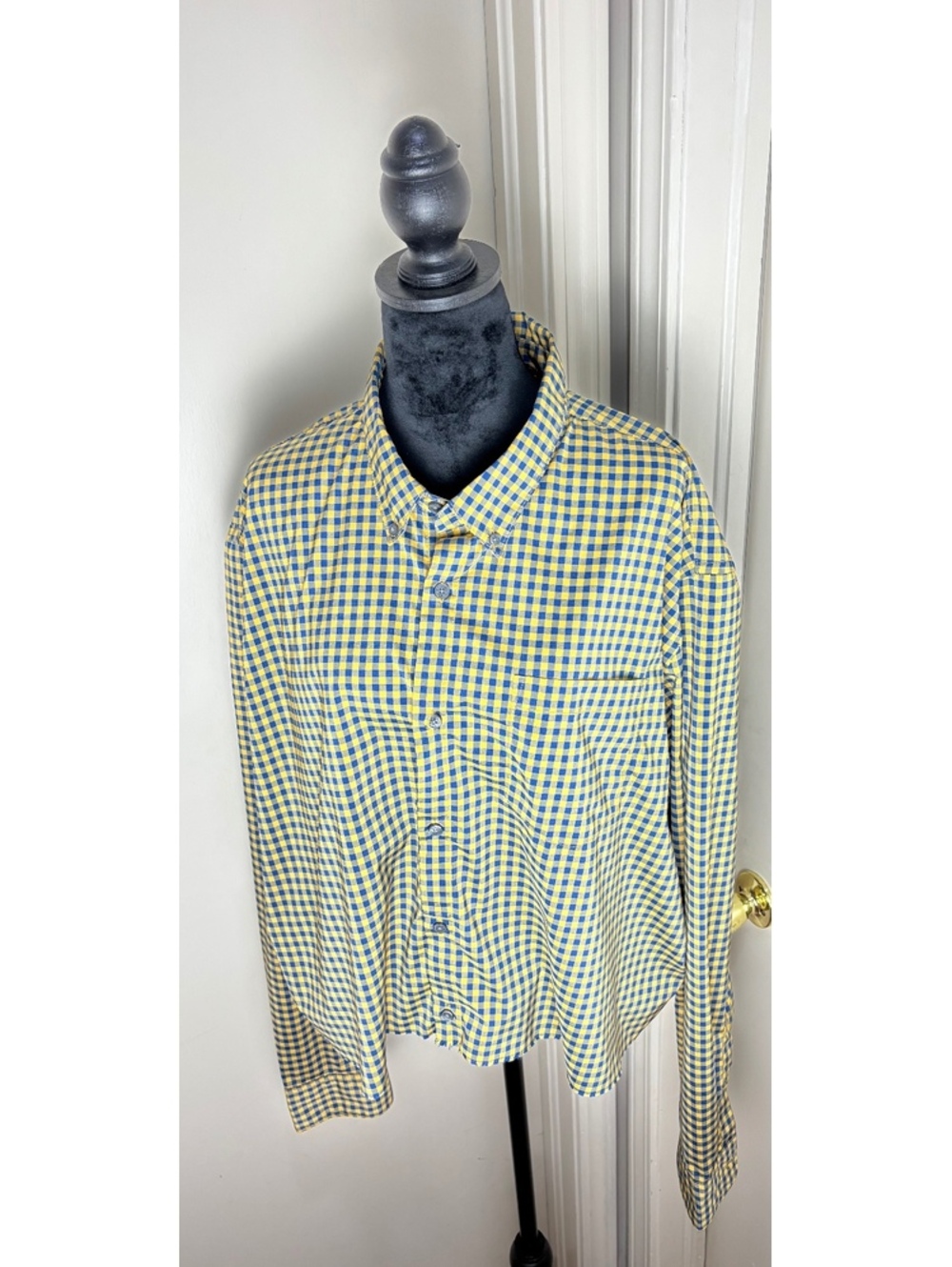 OOAK Upcycled Gingham Shirt Women 2X Oversized Crop Preppy Raw Hem